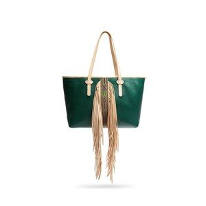 CONSUELA Wilder Breezy East West Tote Green Leather Fringe Retired RARE HTF NWOT